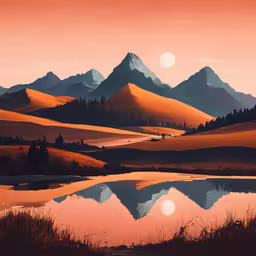 a beautiful sunset with mountains reflecting in the water,landscape painting with mountains and lake at dusk