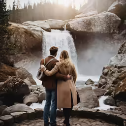 an engaged couple standing in front of a waterfall
