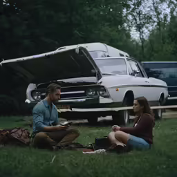 two young people sit in the grass next to old cars