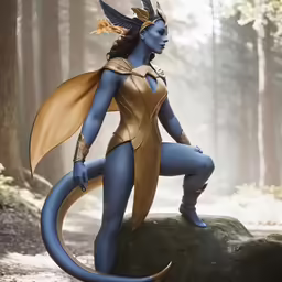 a statue of a woman dressed in blue and gold poses with a snake tail