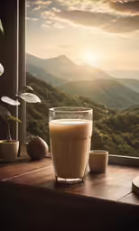 a large cup of drink is sitting on the window sill overlooking a mountain range