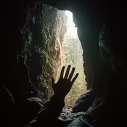 a person is reaching out from inside a cave