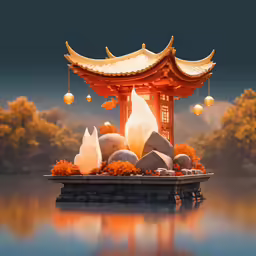 there is an asian - styled decoration set up with white balls on the side