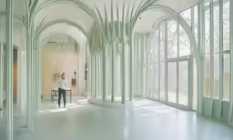 a person stands in a large room with arched arches
