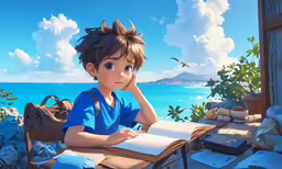 a boy sitting at a desk while staring up at a bird