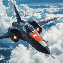 a fighter jet is flying in the sky with a bright tail