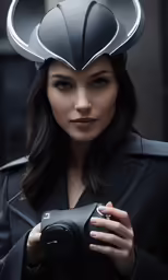 woman in black and silver costume with white helmet holding a camera