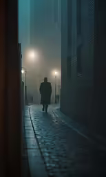 man with a hat and coat walking alone in the fog