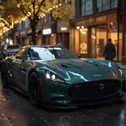 a luxury car is parked along a rainy city street