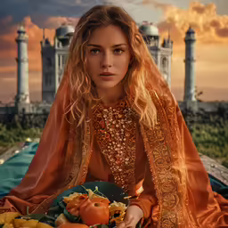 a beautiful woman in a gold outfit and orange scarf sitting with tomatoes