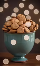 there is some cookies sitting on a blue bowl