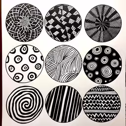 some black and white pictures with various patterns,many black and white designs are drawn on a piece of paper