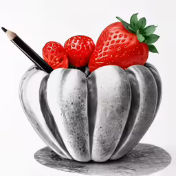a pencil drawing of two strawberries in a carved ceramic dish