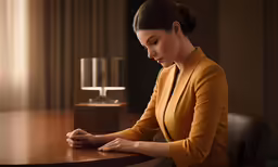 a woman in an orange shirt sitting at a table