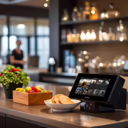 a table with bowls and food, including a tablet