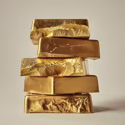 a stack of gold bars on white table,a stack of five golden bars stacked on top of each other