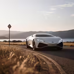 an electric sports car driving on a road next to a body of water