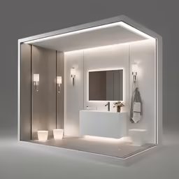 a bathroom that has all white decor and lights on