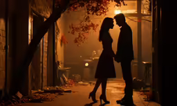 two people in silhouette under a tree on an outside walkway