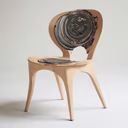 a wooden chair with a piece of artwork sitting on top of it