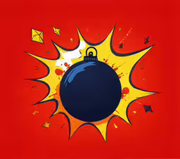 a black bomb hanging from a yellow and red wall,an art piece featuring a bomb