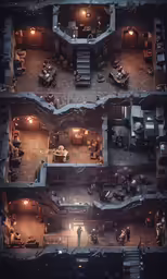 a high view of a small building at night