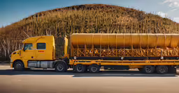 a yellow truck carries a yellow tank on the back,a large truck pulling a trailer that is near a hill