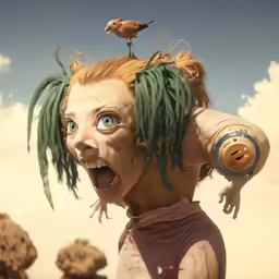 a creepy girl with hair on top of her head