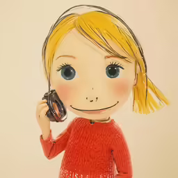 a drawing of a girl with hair holding an old fashioned cell phone