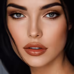 a woman wearing orange lipstick and brown makeup