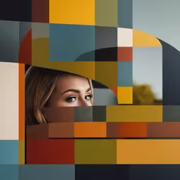 a woman looking up with a background showing squares of colors