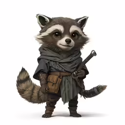a racoon is holding an arrow and standing on one foot