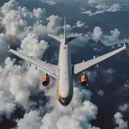 a large jetliner flying above a clouds filled sky