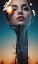 a woman standing in front of a blue and orange background