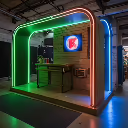 the inside of a room with a television and colorful neons
