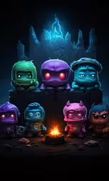 five little monsters sitting together in a dark place