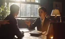 two people sit at a table talking