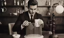a man in a suit holding a cup and looking down at his cage