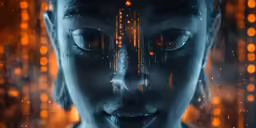 a woman with blue and yellow lights in the background