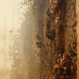 the leaves are falling on the walls and a clock