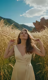 the girl stands in a tall grass field