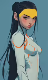 a woman with long hair and yellow headband