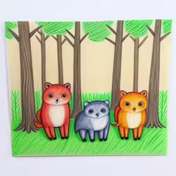 three cats in the forest are painted on wood