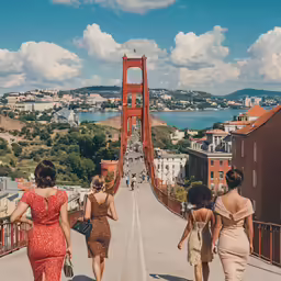 group of three women walking up a hill together