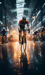 several bicyclists ride their bikes down the street in the rain