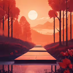 a beautiful red painting in the forest,an orange sunset, with the water and trees lined up as a long walkway to shore
