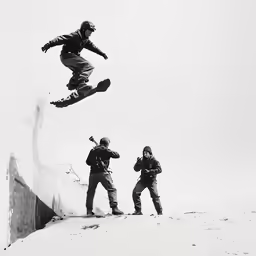 three men are doing skateboard tricks off of a ramp