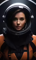 a woman in an orange dress and space suit