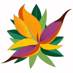 a painting of colorful leaves and stems,a colorful flower with two big leaves