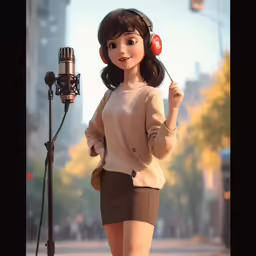 girl standing next to a microphone while holding a red earpiece
